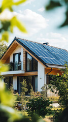Modern house with solar panels surrounded by greenery on a sunny day