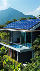 Modern eco-friendly house with solar panels surrounded by lush greenery and mountains
