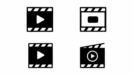 Collection of four black and white movie clapperboard icons with different play and record symbols