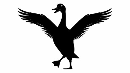Silhouette of a goose with wings spread open and one foot raised in a walking position on white ground