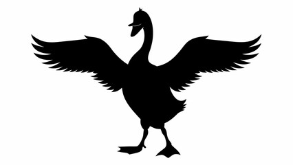 Silhouette of a goose with outstretched wings standing with its feet visible on a white background