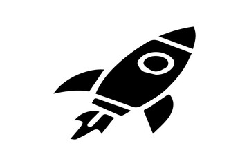 The image shows a black and white icon of a rocket ship launching upward. The rocket has a rounded body with a window near the top, curved side fins, and flames coming from the bottom