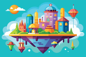 Fototapeta premium Whimsical floating island city with colorful buildings and lanterns