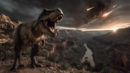A Tyrannosaurus Rex roaring against the backdrop of a dramatic, post-apocalyptic landscape. The sky is filled with dark clouds and falling meteors
