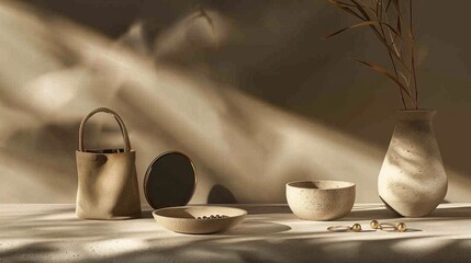 Serene Still Life with Earthy Tones, Showcasing a Stylish Bag, Mirror, Bowls, Vase, Golden Jewelry, and Decorative Plants in Gentle Sunlight