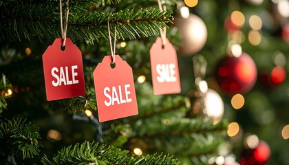 Red sale tags on Christmas tree