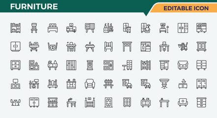 Set of Furniture line icon. Includes symbols for bed, living, interior, sofa, bedroom, room and more. Set of line pictogram. Dining icon collection. Pixel perfect. Editable stroke.