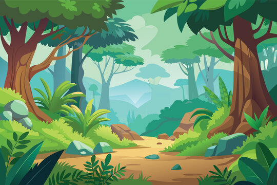 Vibrant cartoon forest path with lush greenery and distant mountains
