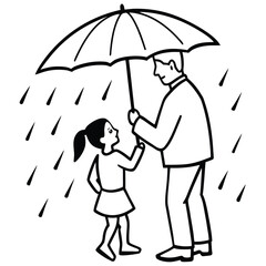 Father and daughter under a  umbrella, protecting themselves from the rain