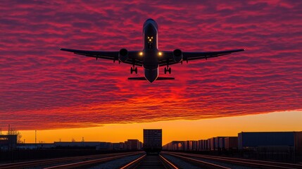 Fototapeta premium A plane is taking off during sunset and beautiful red clouds are background