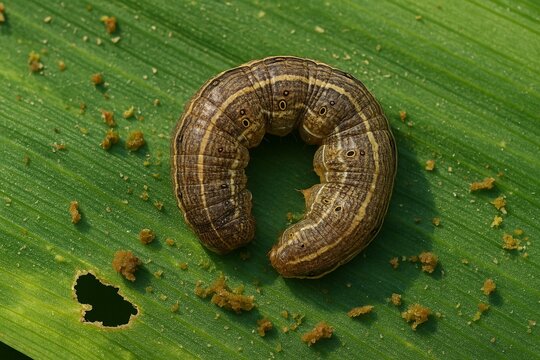 Coiled fall armyworm larva (Spodoptera frugiperda) on maize leaf
