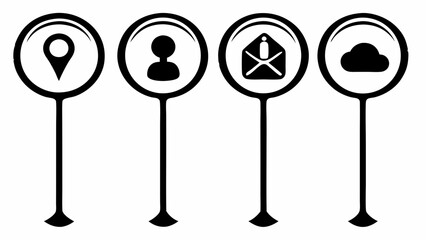 Four black and white icons representing location user email and cloud each on a stand like a signpost