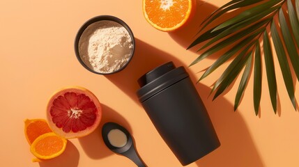 Vibrant Wellness Still Life Featuring Protein Powder, Citrus Fruits, Black Shaker, Spoon, and Palm Leaf on a Warm Orange Background