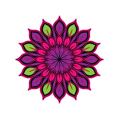 Purple Pink and Green Mandala Design, Floral Vector Pattern, Symmetrical Ornament, Spiritual and Ethnic Art, Abstract Decorative Motif.