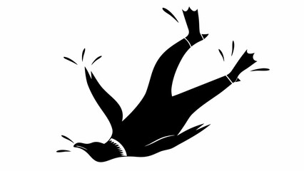 Silhouette of a penguin falling upside down with legs and wings splayed out against white background © Ijaz
