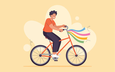 Obraz premium Joyful Cyclist Riding Bicycle with Colorful Ribbons