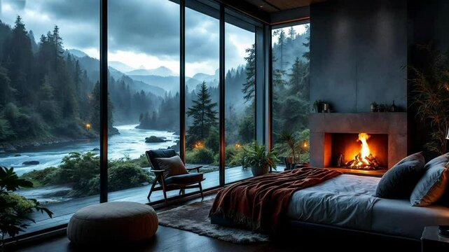 A luxurious modern room with large windows offers a peaceful escape featuring a misty forest river view and a crackling fireplace, providing ultimate relaxation.
