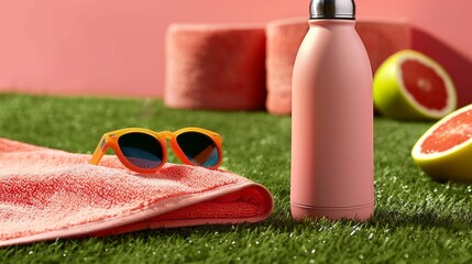 Vibrant Beach Day Essentials: Pink Bottle, Orange Sunglasses, and Refreshing Grapefruit Halves on Artificial Turf Evoking Sunny Relaxation