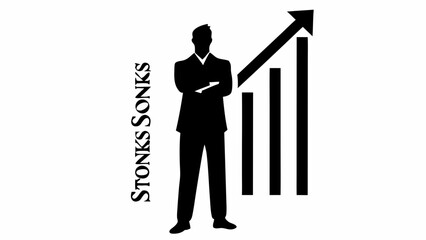 Silhouette of a confident businessman with an upward trending chart and the word stonks sonks