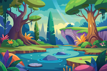 Enchanting cartoon forest landscape with a winding river and vibrant flora