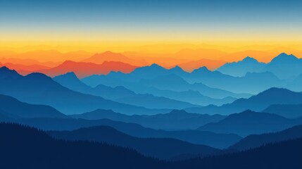 Fototapeta premium Panoramic view of layered mountains at sunset, showcasing a gradient of warm and cool colors (1)