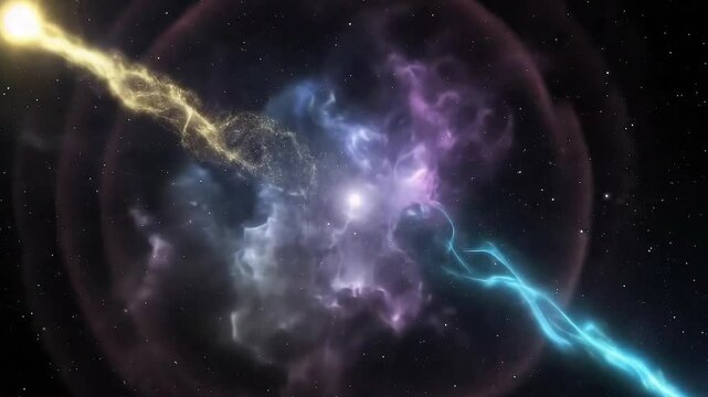 Two spiral galaxies colliding in a gravitational dance, their structures distorted by tidal forces, creating streams of stars that bridge the cosmic gap between them.

