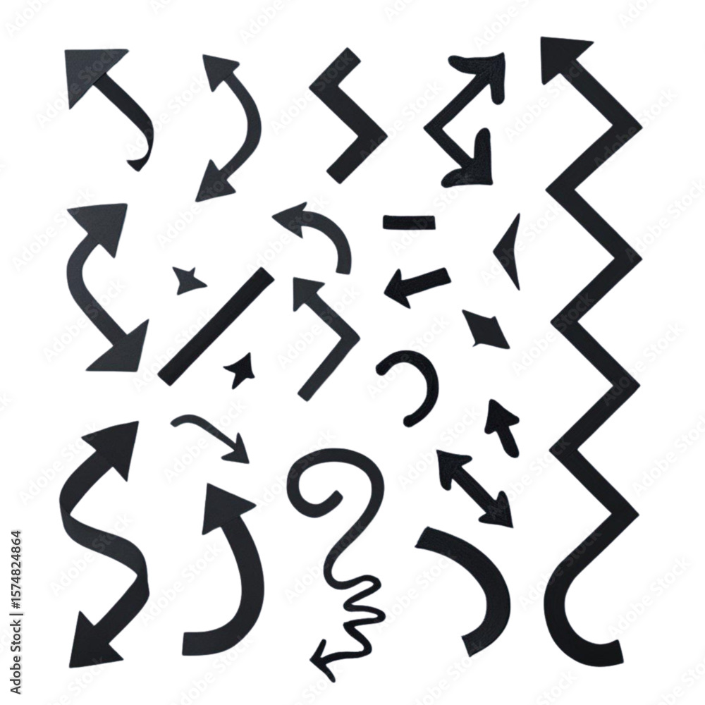 Poster set of vector arrows icons showing different directions and designs in black style