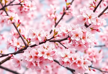 Fototapeta premium Delicate pink cherry blossoms in full bloom, seamlessly repeating in a soft, romantic pattern, print, design element