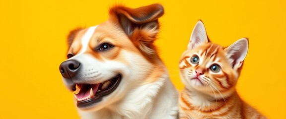 Obraz premium Happy dog, curious cat, yellow background, friendship, canine, happy dog