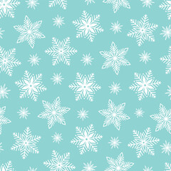 Snowflakes seamless pattern, hand drawn vector line illustration. Graphic outline doodle drawing. Christmas and New Year background for winter designs, gift wrapping, packaging, textile, wallpaper.