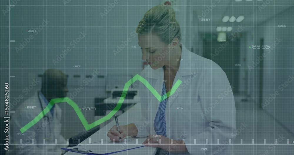 Poster hospital doctor writing clipboard while tracking patient data via green chart overlay on data input