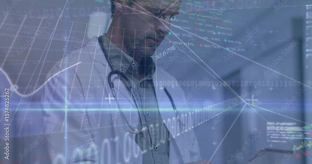 Poster physician tapping tablet in hospital corridor reviewing patient data causing code animating charts