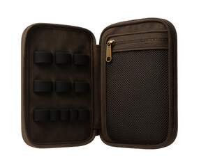 Waxed canvas tech organizer with elastic loops and zippered mesh pocket