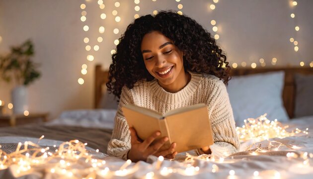 Woman reading book in cozy bedroom