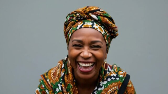 Joyful African Woman in Vibrant Headwrap - A close-up portrait of a smiling Black woman wearing a colorful patterned headwrap and matching garment.