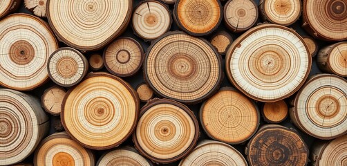 Close-up of diverse wooden round slices showcasing unique grain patterns and textures,  nature,  wooden