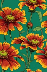 Helenium on green background cartoonish seamless pattern