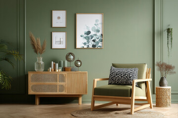 Stylish green living room with rattan armchair, wooden sideboard, and modern decor for a cozy yet contemporary feel