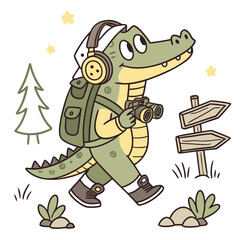 Cute Loving Alligator, accessorized with wearing headphones, in a Forest adventure world – Evergreen Trails palette vector