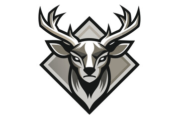 An emblem shows a majestic gray buck within a diamond shape looking forward intently