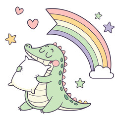 Cute Gentle Alligator, accessorized with hugging a pillow, in a Rainbow world – Pastel Rainbow palette vector