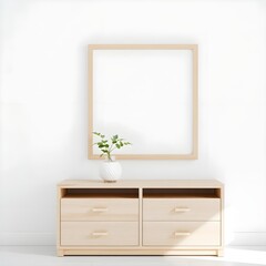 Interior poster mockup with vertical gold metal frame on the console table with green tree branch in vase and lamp on empty white wall background. A4, A3 size format. 3D rendering, illustration.