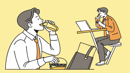 Illustration of business lunch break with men eating sandwich and burger at work desk with laptop