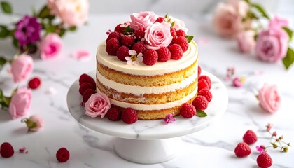 Layered Vanilla Cake Decorated with Raspberries and Roses on White Background