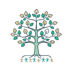 Stylized tree of life with diverse human figures as roots