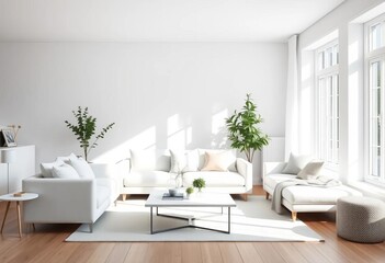 Fototapeta premium White minimalist sofa in bright Scandinavian living room, natural light streams through large window, design, apartment