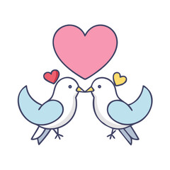Two cute blue birds sharing a kiss under a large pink heart