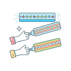 Hands playing musical instruments together with festive decorations