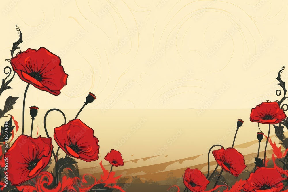 Poster red poppies and decorative foliage create a beautiful frame on a soft yellow background, providing a