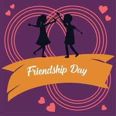 Joyful Friendship Day Graphic with Girl Silhouettes and Festive Orange Ribbon on Purple Background